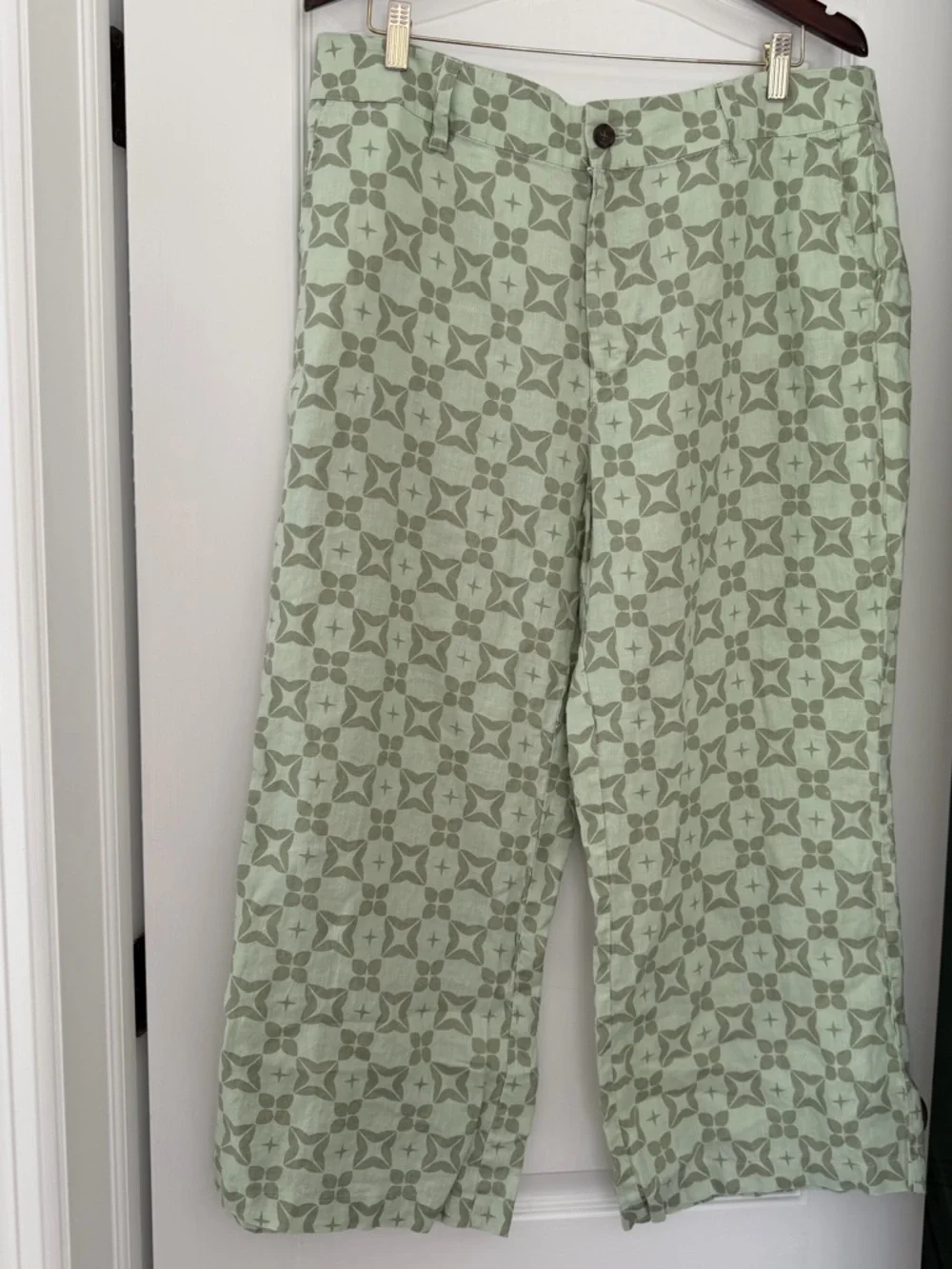 Society Social x Crown & Ivy Linen Blend Cropped Pants Green Coastal Print Sz 16 - Picture 2 of 4